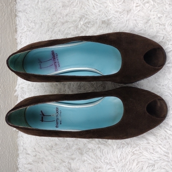 Thierry Rabotin Vintage Brown Suede Leather Almond Peep Toe Blocked Heel Shoe - Picture 2 of 15